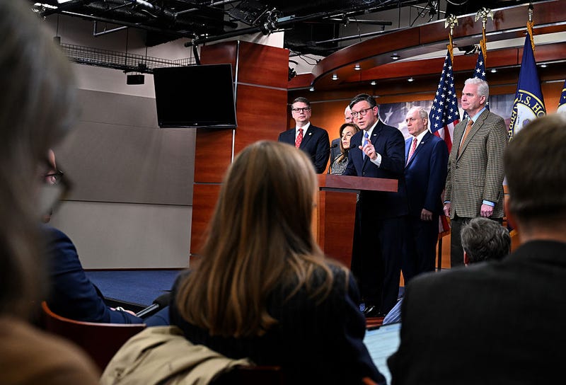Speaker of the House Mike Johnson (R-LA) speaks alongside (L-R) U.S. Rep. Nicholas Begich (R-AK), U.S. Rep. Lisa McClain (R-MI) House Majority Leader Steve Scalise (R-LA) and House Majority Whip Tom Emmer (R-MN) during a press conference on Capitol Hill on November 18, 2025 in Washington, DC.