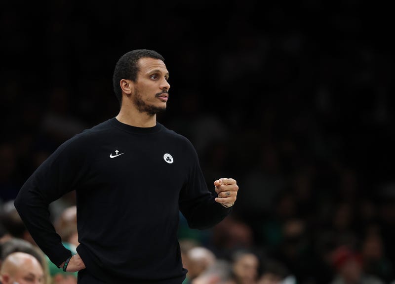 Head coach Joe Mazzulla of the Boston Celtics looks on against the Brooklyn Nets during their game at Barclays Center on November 18, 2025 in New York City.