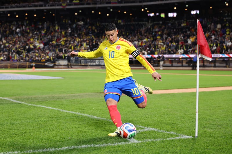 James Rodriguez of Colombia takes a corner kick during the International Friendly match between Colombia and Australia at Citi Field on November 18, 2025 in New York City. 