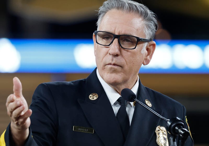 Los Angeles Fire Department (LAFD) Chief Jaime Moore speaks at the Valor Awards at Dodger Stadium on November 19, 2025 in Los Angeles, California. 