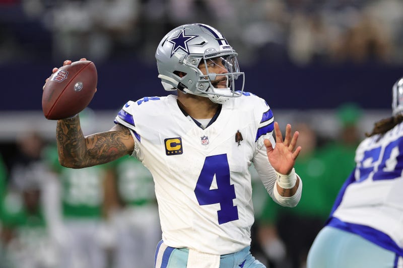 ARLINGTON, TEXAS - NOVEMBER 23: Dak Prescott #4 of the Dallas Cowboys looks to pass the ball in the second quarter against the Philadelphia Eagles at AT&T Stadium on November 23, 2025 in Arlington, Texas. (Photo by Stacy Revere/Getty Images)