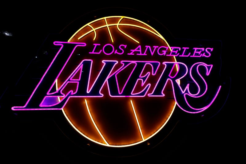 A detailed view of a Los Angeles Lakers logo prior to a game against the Dallas Mavericks at Crypto.com Arena on November 28, 2025 in Los Angeles, California. 