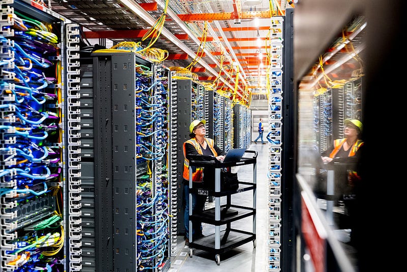NEW CARLISLE, INDIANA - OCTOBER 2: In this handout provided by Amazon, a technician works at an Amazon Web Services AI data center in New Carlisle, Indiana on October 2, 2025. (Photo by Noah Berger/Getty Images via Amazon Web Services)