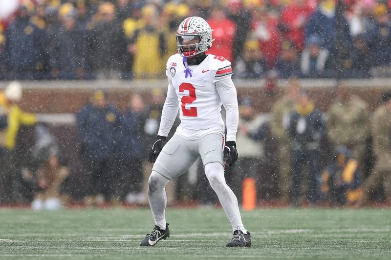 Caleb Downs #2 of the Ohio State Buckeyes in action against the Michigan Wolverines at Michigan Stadium on November 29, 2025 in Ann Arbor, Michigan.