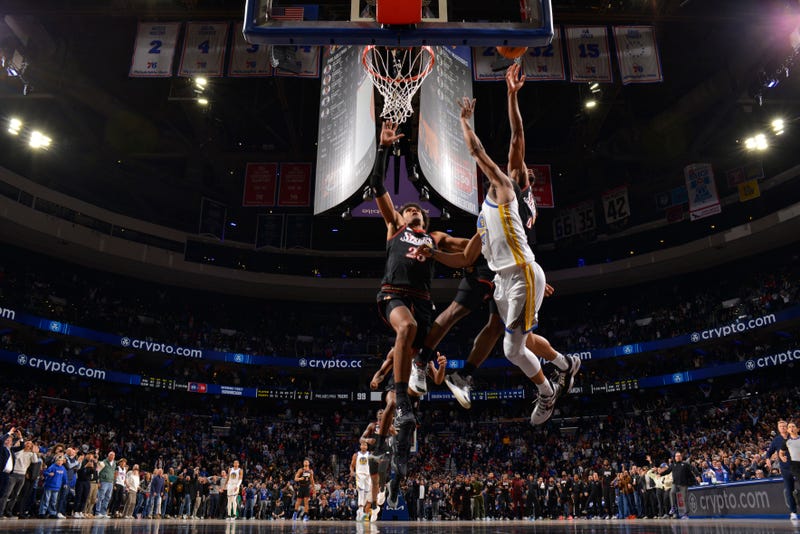Tyrese Maxey #0 of the Philadelphia 76ers blocks the ball to win the game during the game against the Golden State Warriors