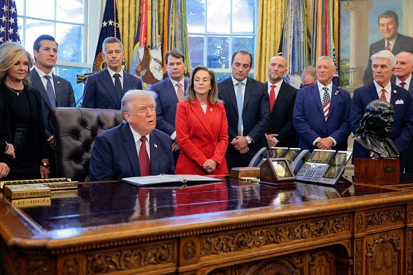 U.S. President Donald Trump makes an announcement on changes to the country's fuel economy standards in the Oval Office at the White House on December 03, 2025 in Washington, DC.