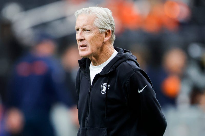 Head coach Pete Carroll of the Las Vegas Raiders watches warmups before the game against the Denver Broncos at Allegiant Stadium on December 07, 2025 in Las Vegas, Nevada.
