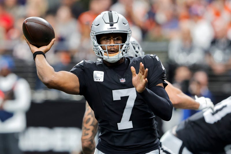 Geno Smith #7 of the Las Vegas Raiders throws a pass during the second quarter against the Denver Broncos at Allegiant Stadium on December 07, 2025 in Las Vegas, Nevada. 