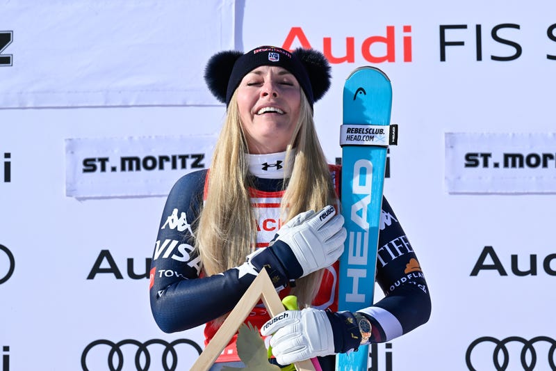 Lindsey Vonn of Team United States takes 1st place during the Audi FIS Alpine Ski World Cup Women's Downhill on December 12, 2025 in St Moritz, Switzerland. 