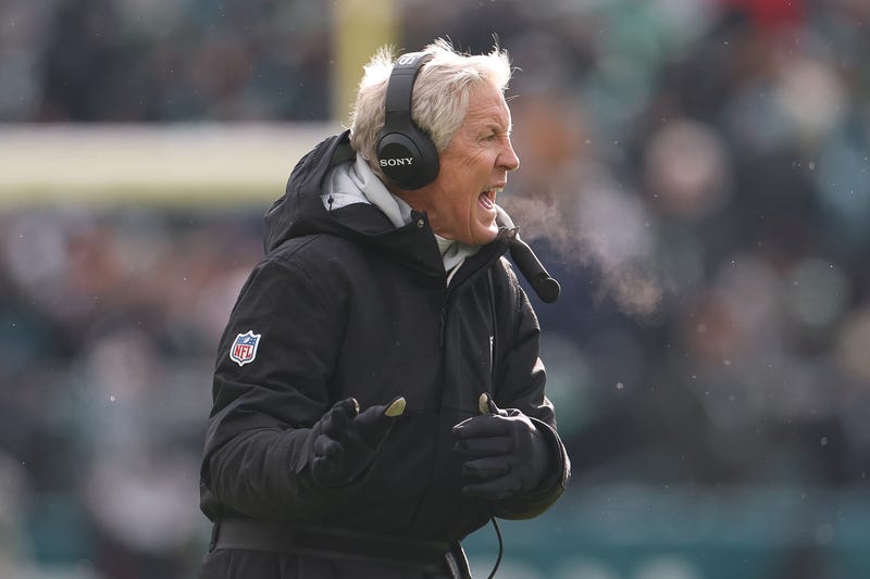 Head coach Pete Carroll of the Las Vegas Raiders reacts during the first quarter against the Philadelphia Eagles at Lincoln Financial Field on December 14, 2025 in Philadelphia, Pennsylvania.