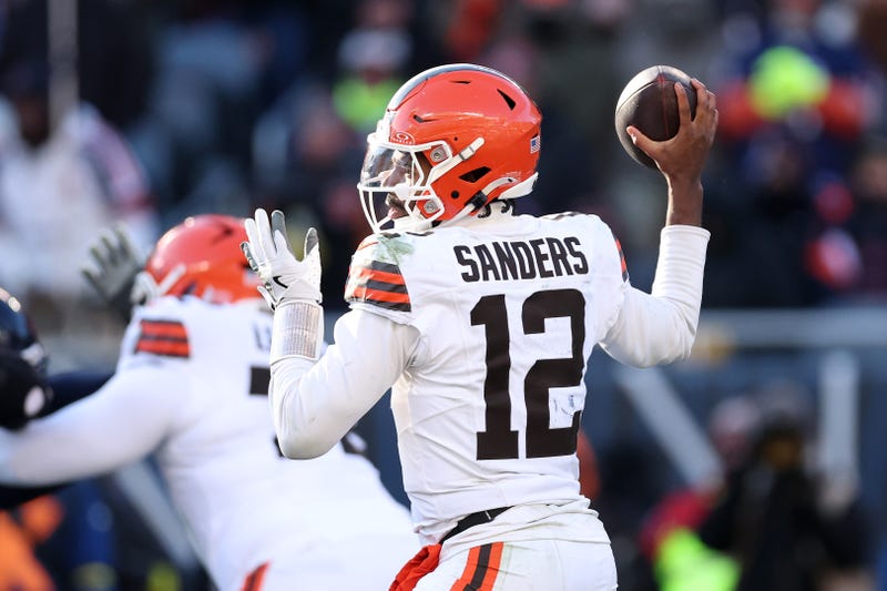 Shedeur Sanders #12 of the Cleveland Browns throws a pass during the third quarter against the Chicago Bears at Soldier Field on December 14, 2025 in Chicago, Illinois.