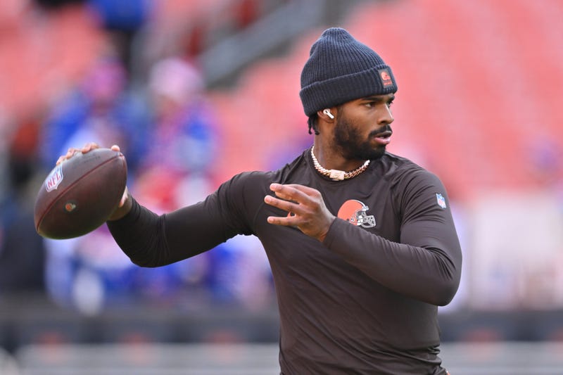 Shedeur Sanders #12 of the Cleveland Browns warms up prior to the game against the Buffalo Bills at Huntington Bank Field on December 21, 2025 in Cleveland, Ohio.