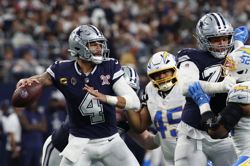 ARLINGTON, TEXAS - DECEMBER 21: Dak Prescott #4 of the Dallas Cowboys looks to pass over the defense of the Los Angeles Chargers in the third quarter of the game at AT&T Stadium on December 21, 2025 in Arlington, Texas. (Photo by Stacy Revere/Getty Images)