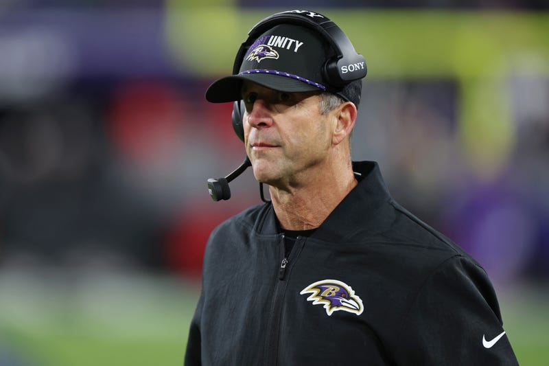 Head coach John Harbaugh of the Baltimore Ravens looks on during the fourth quarter against the New England Patriots at M&T Bank Stadium on December 21, 2025 in Baltimore, Maryland.