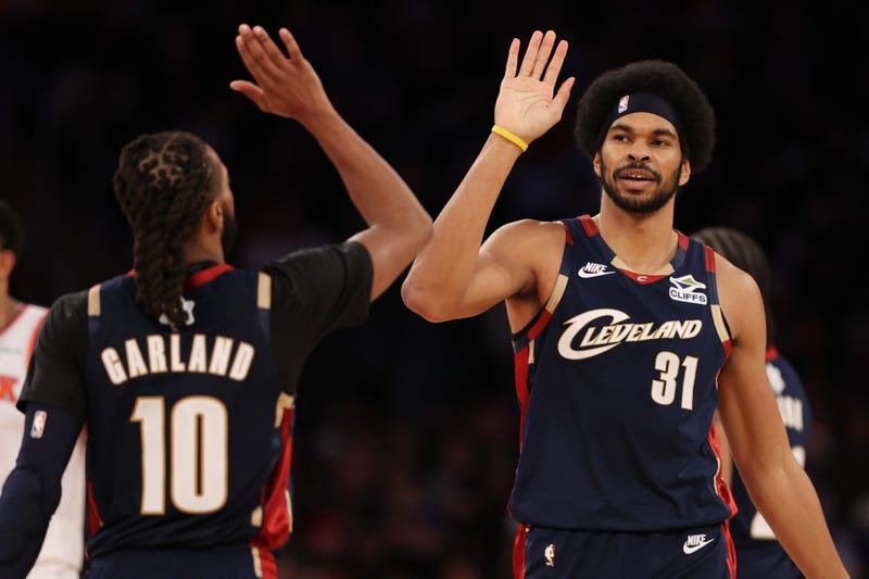 NEW YORK, NEW YORK - DECEMBER 25: Jarrett Allen #31 and Darius Garland #10 of the Cleveland Cavaliers high-five during the third quarter against the New York Knicks at Madison Square Garden on December 25, 2025 in New York City. (Photo by Pamela Smith/Getty Images)