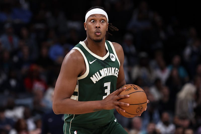 Myles Turner #3 of the Milwaukee Bucks reacts during the first half against the Memphis Grizzlies at FedExForum on December 26, 2025 in Memphis, Tennessee