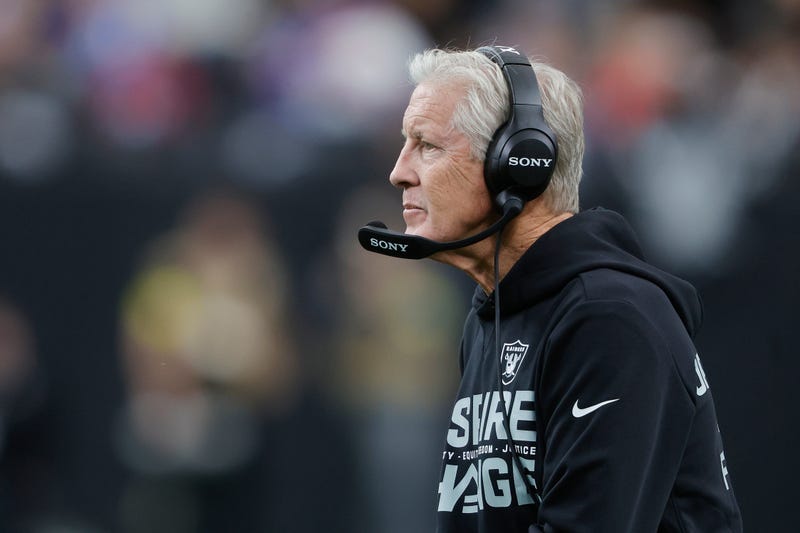  Head coach Pete Carroll of the Las Vegas Raiders looks on during the second quarter of the game against the New York Giants at Allegiant Stadium on December 28, 2025 in Las Vegas, Nevada.