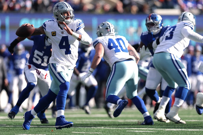 Dak Prescott #4 of the Dallas Cowboys throws a pass against the New York Giants during the first quarter at MetLife Stadium on Jan. 4, 2026 in East Rutherford, New Jersey.