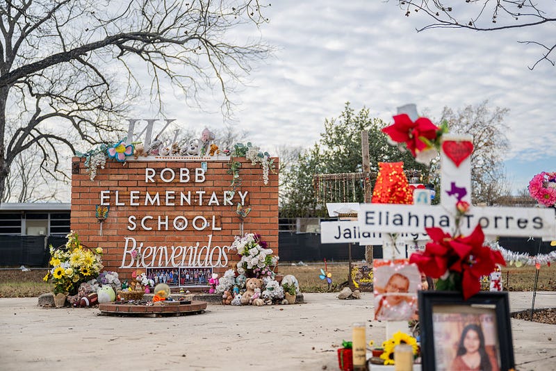 A memorial dedicated to the 19 children and two adults murdered on May 24, 2022 during a mass shooting at Robb Elementary School in Uvalde, Texas