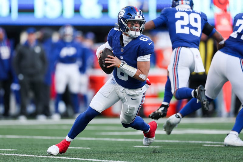 Jaxson Dart #6 of the New York Giants in action during the game against the Dallas Cowboys at MetLife Stadium on January 04, 2026 in East Rutherford, New Jersey. The New York Giants won 34-17.