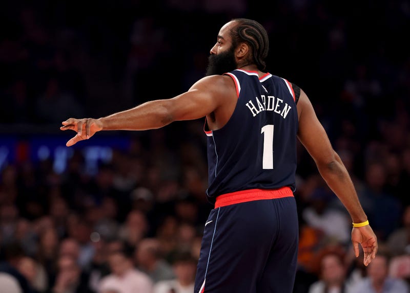  James Harden #1 of the Los Angeles Clippers reacts in the first half against the New York Knicks at Madison Square Garden on January 07, 2026 in New York City. 