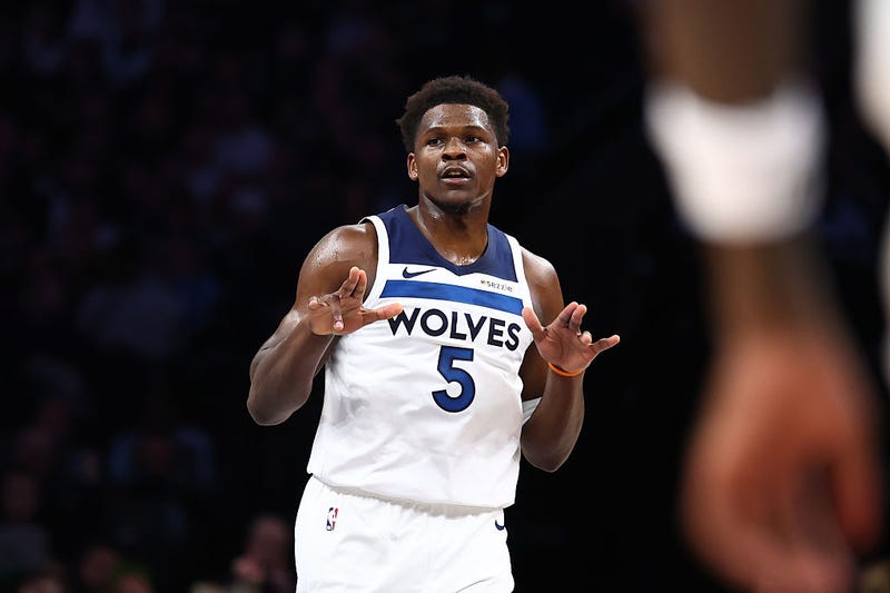 Anthony Edwards #5 of the Minnesota Timberwolves reacts during the first half against the Cleveland Cavaliers at Target Center on January 08, 2026 in Minneapolis, Minnesota. 