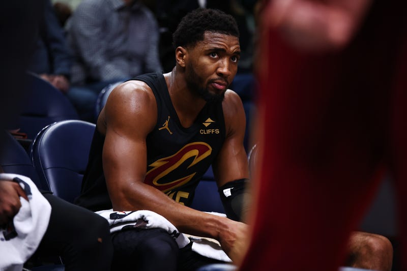 MINNEAPOLIS, MINNESOTA - JANUARY 08: Donovan Mitchell #45 of the Cleveland Cavaliers looks on during a game against the Minnesota Timberwolves at Target Center on January 08, 2026 in Minneapolis, Minnesota. 