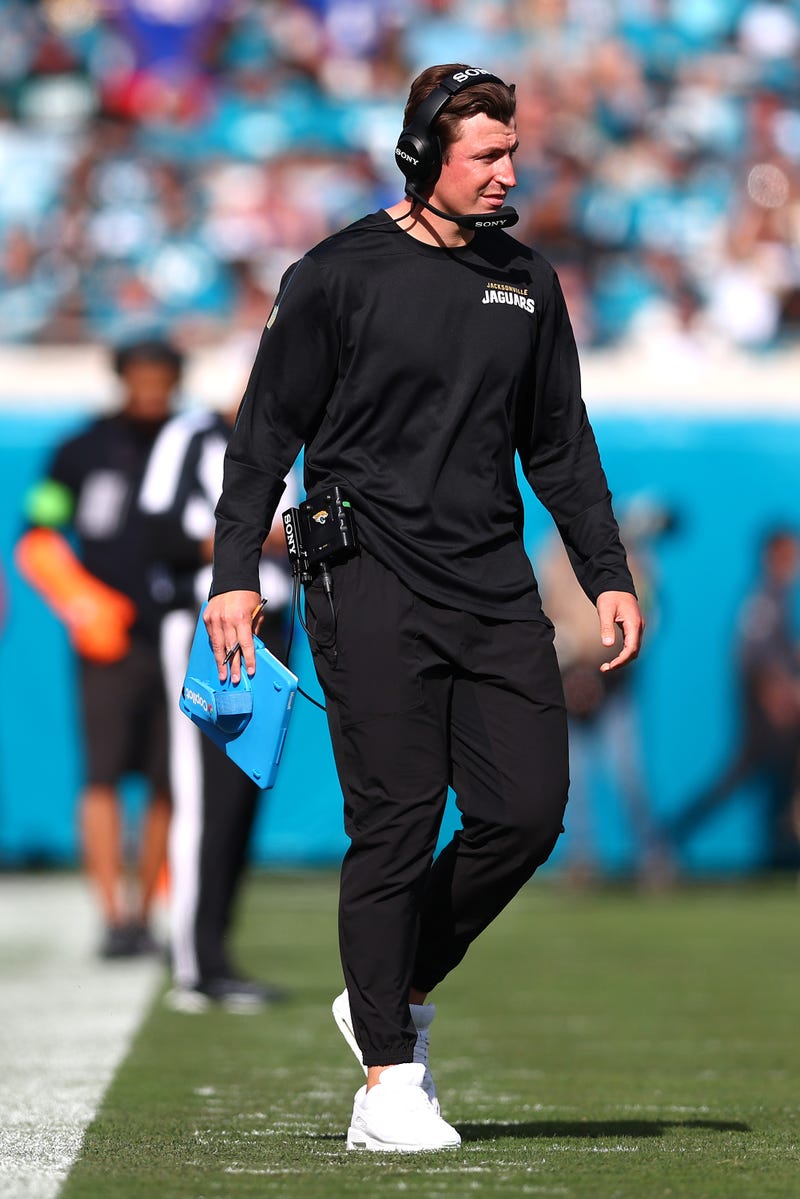 JACKSONVILLE, FLORIDA - JANUARY 11: Offensive coordinator Grant Udinski looks on during the second quarter against the Buffalo Bills in the AFC Wild Card Playoff game at EverBank Stadium on January 11, 2026 in Jacksonville, Florida. (Photo by Megan Briggs/Getty Images)