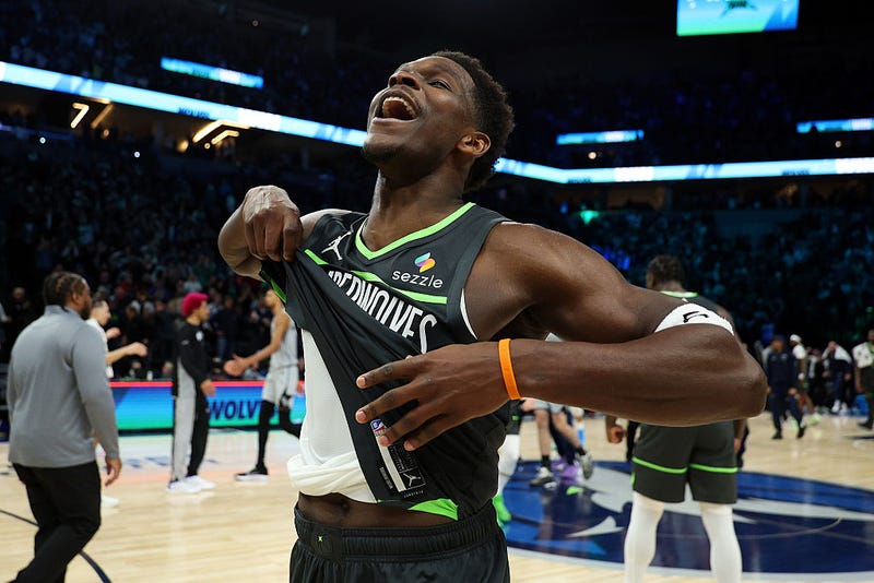 Anthony Edwards #5 of the Minnesota Timberwolves celebrates the win against the San Antonio Spurs after the game at Target Center on January 11, 2026 in Minneapolis, Minnesota.