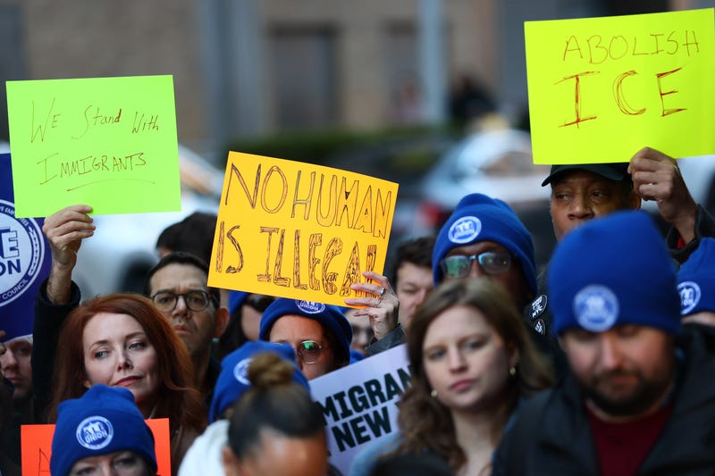 Members of the Association of Legislative Employees (ALE) attend a press conference in front of Greater New York Federal Building on Jan. 13, 2026 in New York City