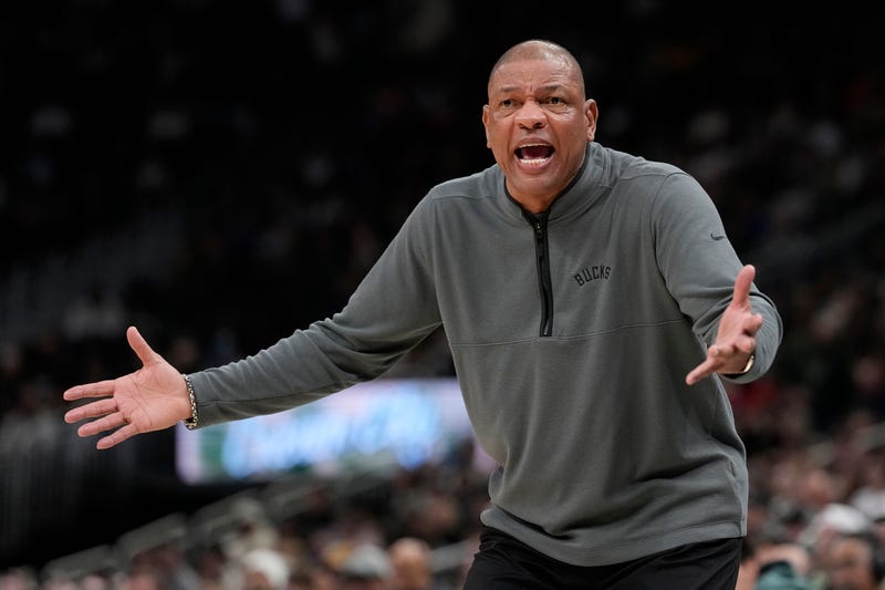 Head coach Doc Rivers of the Milwaukee Bucks reacts during the second quarter against the Minnesota Timberwolves at Fiserv Forum on January 13, 2026 in Milwaukee, Wisconsin. NOTE TO USER: User expressly acknowledges and agrees that, by downloading and or using this photograph, User is consenting to the terms and conditions of the Getty Images License Agreement. 