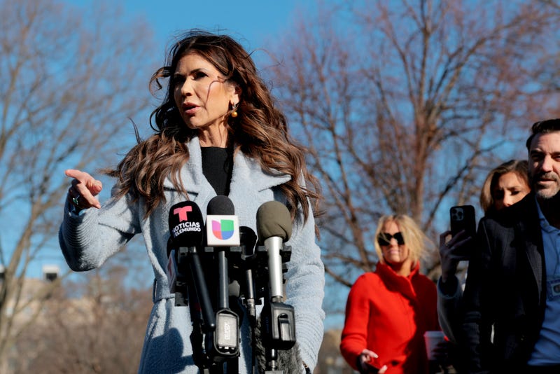 U.S. Secretary of Homeland Security Kristi Noem speaks to reporters after participating in a TV interview outside of the White House on January 15, 2026 in Washington, DC. Earlier this morning on Truth Social, U.S. President Donald Trump posted a warning that he may enact the Insurrection Act in response to rising tensions between protesters and federal agents in Minneapolis. 