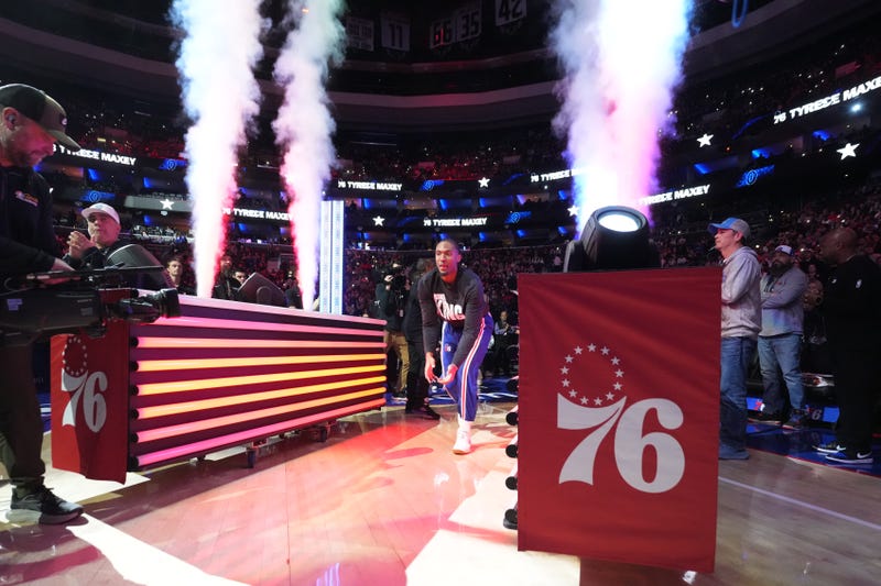 yrese Maxey #0 of the Philadelphia 76ers is introduced before the game against the Indiana Pacers on January 19, 2026 at the Wells Fargo Center