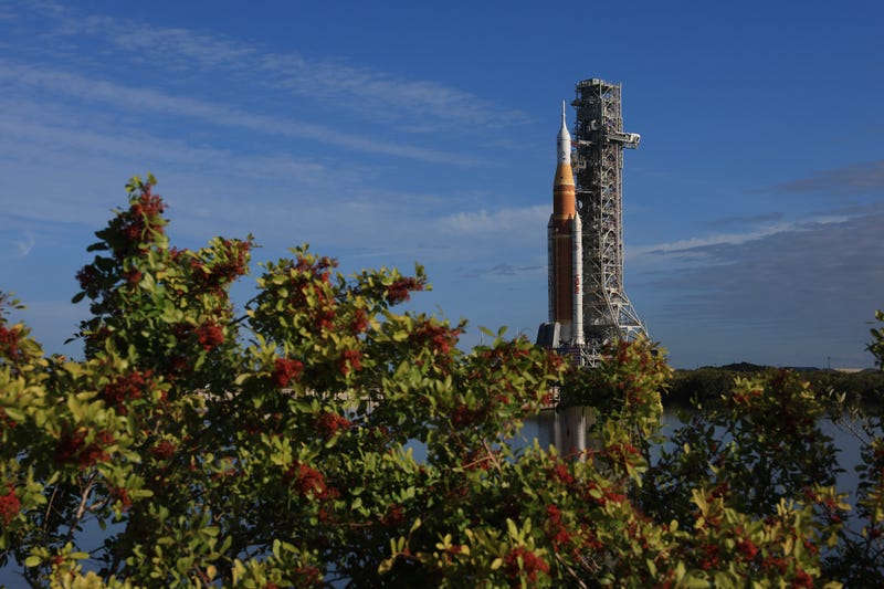 The Space Launch System rolls out to the pad ahead of Artemis II launch