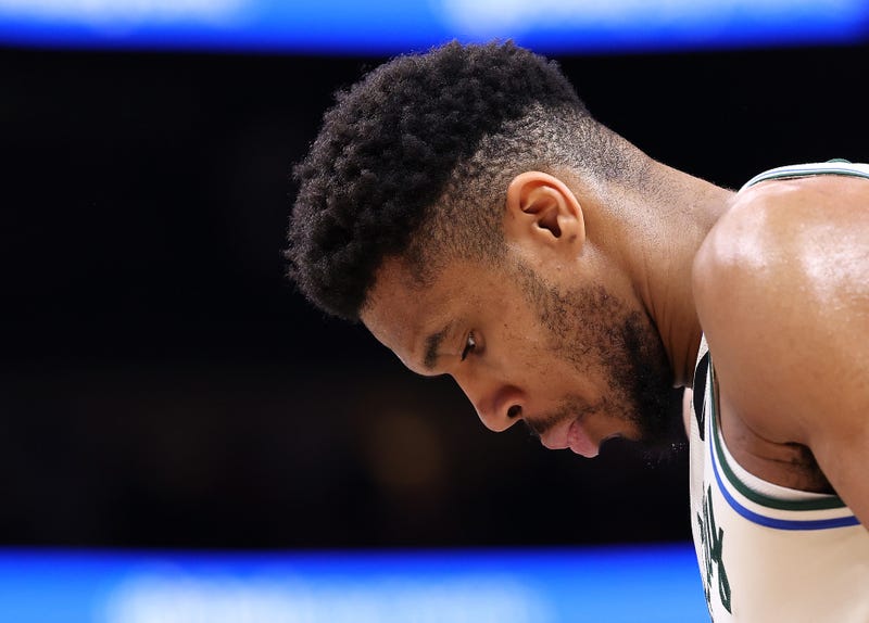 Giannis Antetokounmpo #34 of the Milwaukee Bucks reacts against the Atlanta Hawks during the fourth quarter at State Farm Arena on January 19, 2026 in Atlanta, Georgia.
