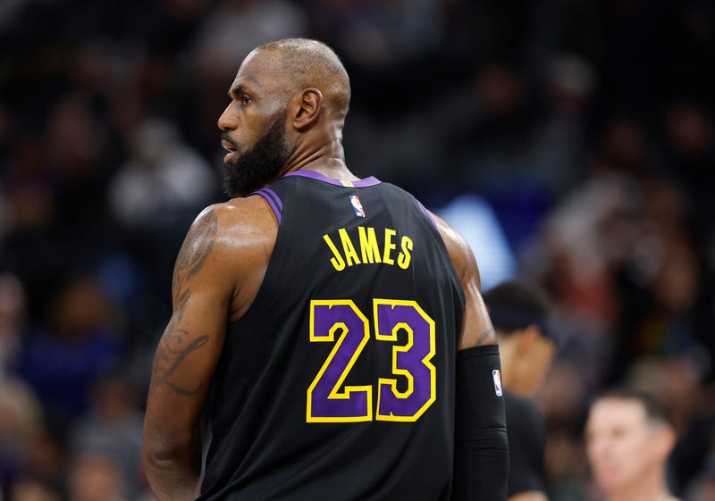  LeBron James #23 of the Los Angeles Lakers on court against the LA Clippers in the first half at Intuit Dome on January 22, 2026 in Inglewood, California.