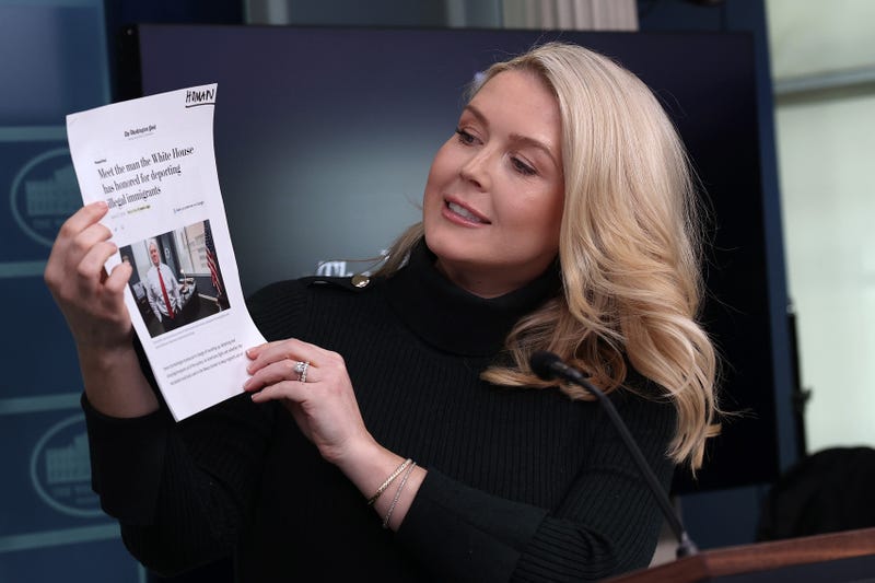 White House Press Secretary Karoline Leavitt references an article on White House Border Czar Tom Homan during a news briefing in the James S. Brady Press Briefing Room of the White House on January 26, 2026 in Washington, DC. Leavitt discussed the recent ICE shooting in Minneapolis, Homeland Security funding and the possible government shutdown.