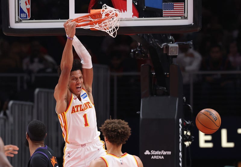 ATLANTA, GEORGIA - JANUARY 23: Jalen Johnson #1 of the Atlanta Hawks dunks against the Phoenix Suns during the first quarter at State Farm Arena on January 23, 2026 in Atlanta, Georgia