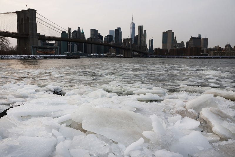 Ice builds up in the East River along the Brooklyn shoreline as NYC experiences frigid temperatures following a winter storm over the weekend on Jan. 27, 2026.