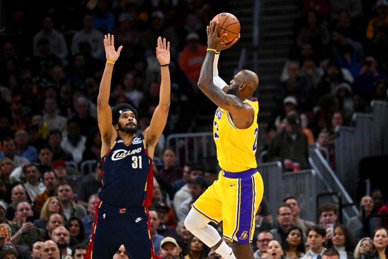 LeBron James #23 of the Los Angeles Lakers shoots over Jarrett Allen #31 of the Cleveland Cavaliers during the third quarter at Rocket Arena on January 28, 2026 in Cleveland, Ohio. The Cavaliers defeated the Lakers 129-99. 
