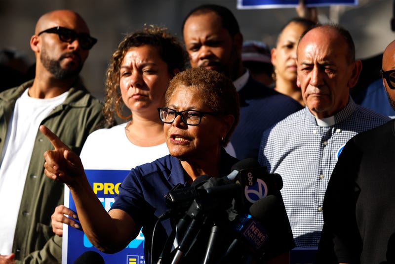 Los Angeles Mayor Karen Bass speaks to media in support of journalist Don Lemon outside federal court on January 30, 2026 in Los Angeles, California.