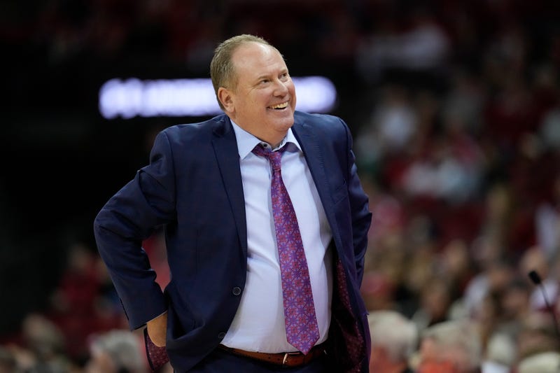 Greg Gard head coach of the Wisconsin Badgers is all smiles in the final seconds of win over Ohio State Buckeyes at Kohl Center on January 31, 2026 in Madison, Wisconsin.