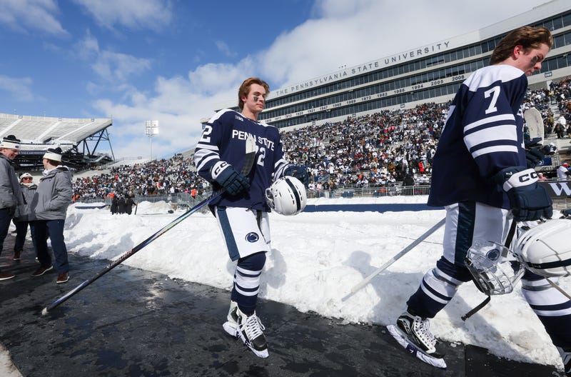 Gavin McKenna #72 of the Penn State Nittany Lions walks off the ice  before a game against the Michigan State Spartans during NCAA men's hockey at the West Shore Home Field at Beaver Stadium on Jan, 31, 2026 in State College, Pennsylvania. 