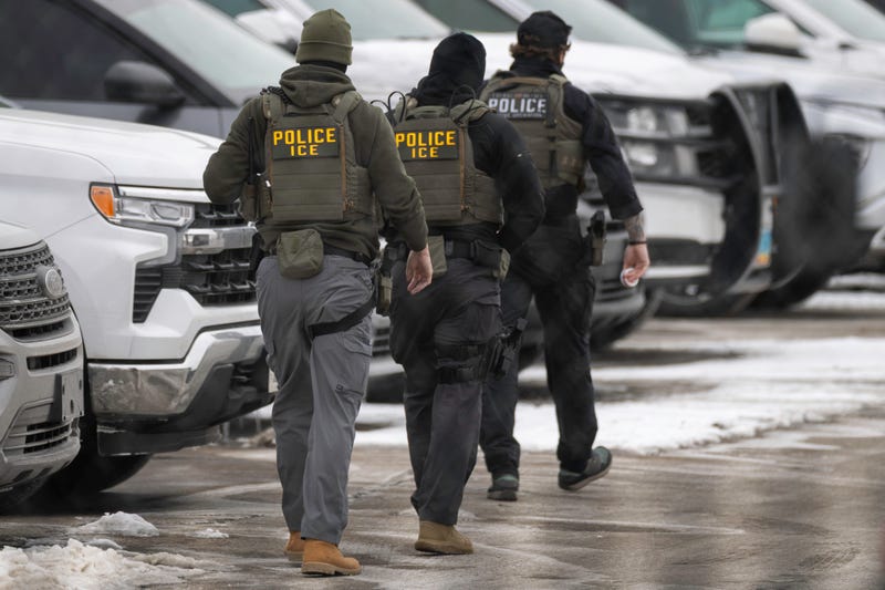 ICE agents depart the Bishop Henry Whipple Federal Building on February 4, 2026 in Minneapolis, Minnesota. 