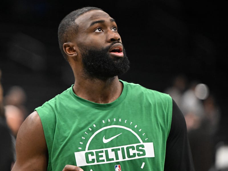 Jaylen Brown #7 of the Boston Celtics watches warmups before a game against the Miami Heat at the TD Garden on February 06, 2026 in Boston, Massachusetts. 