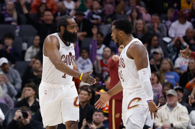 SACRAMENTO, CALIFORNIA - FEBRUARY 07: James Harden #1 of the Cleveland Cavaliers celebrates with Donovan Mitchell #45 after making a three-point shot in the fourth quarter against the Sacramento Kings at Golden 1 Center on February 07, 2026 in Sacramento, California.