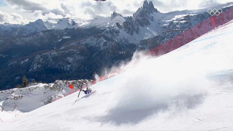 Lindsey Vonn of Team United States crashes during the Women's Downhill on day two of the Milano Cortina 2026 Winter Olympics at Tofane Alpine Skiing Centre on February 08, 2026 in Cortina d'Ampezzo, Italy. 