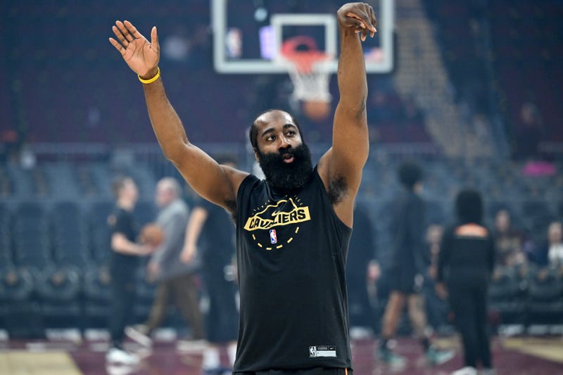 James Harden #1 of the Cleveland Cavaliers warms up prior to a game against the Washington Wizards at Rocket Arena on February 11, 2026 in Cleveland, Ohio.