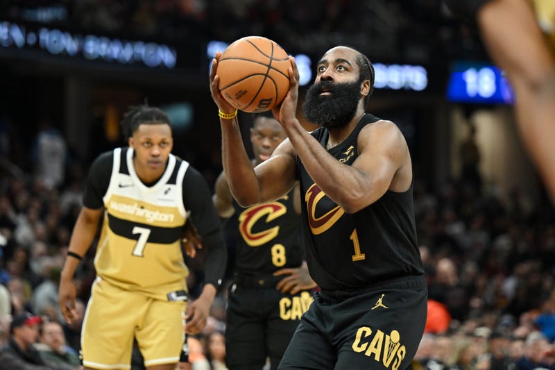James Harden #1 of the Cleveland Cavaliers shoots a free throw during the second half against the Washington Wizards at Rocket Arena on February 11, 2026 in Cleveland, Ohio.