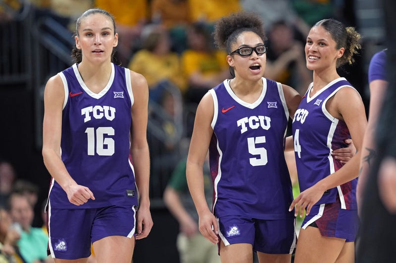 Olivia Miles #5 of the TCU Horned Frogs reacts along with teammates Clara Bielefeld #16 and Donovyn Hunter #4 during the second half against the Baylor Bears at Foster Pavilion on February 12, 2026 in Waco, Texas.